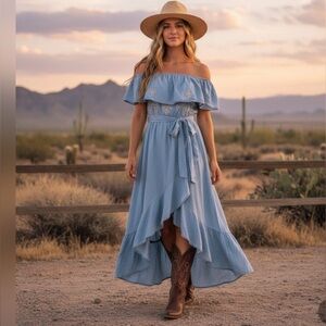 Flying Tomato chambray maxi dress M coastal cowgirl boho western denim festival